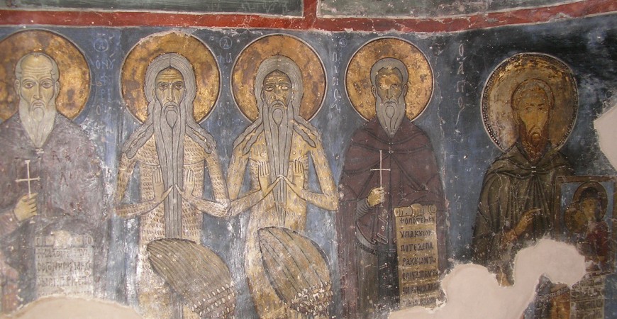 Sfinții Patericului: Onufrie, Macarie, Paisie, pictură de la Mănăstirea Sf. Neofit din Pafos (Cipru)