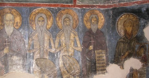 Sfinții Patericului: Onufrie, Macarie, Paisie, pictură de la Mănăstirea Sf. Neofit din Pafos (Cipru)